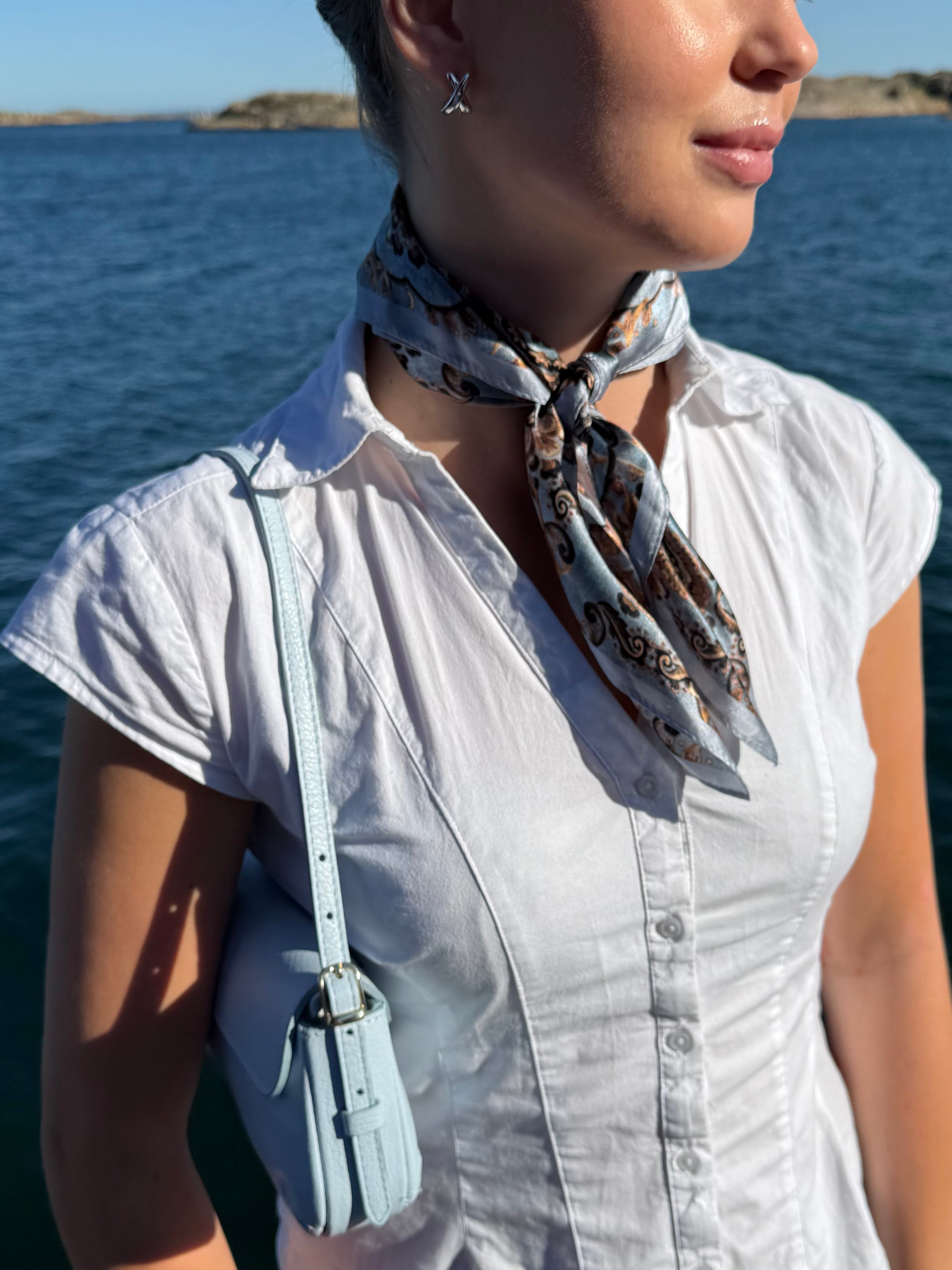 Blue with brown pattern mini silk scarf