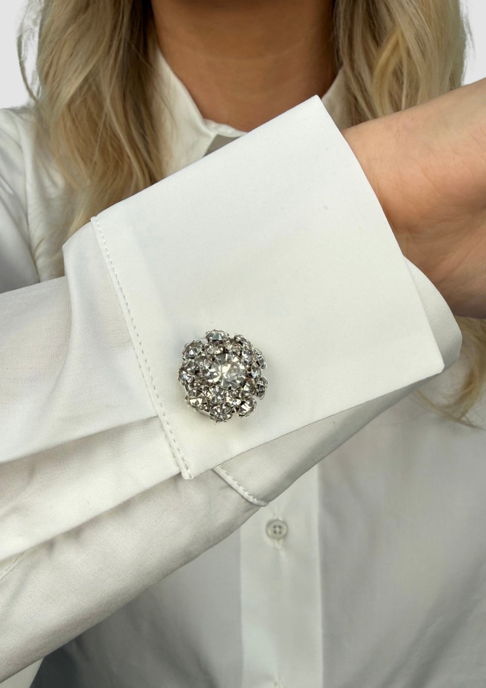 Crystal flower button charm Clear Silver