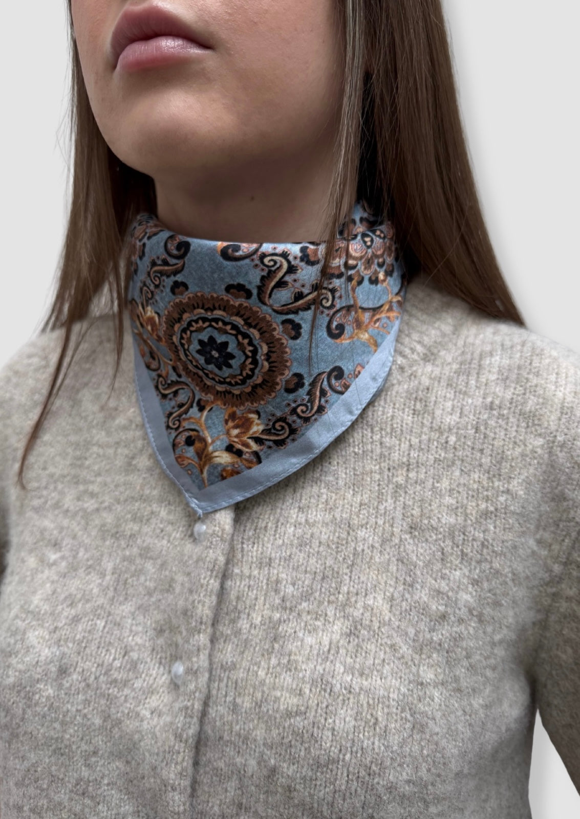 Blue with brown pattern mini silk scarf
