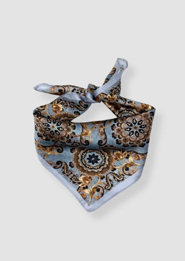 Blue with brown pattern mini silk scarf
